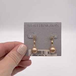 Bronze tone pearl drop earrings with flower rhinestone